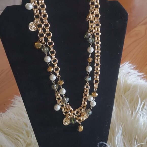 💃 Gold tone Imitation Pearl, Flower Currency & Bead Strand Necklace. 🌴 - Picture 8 of 9